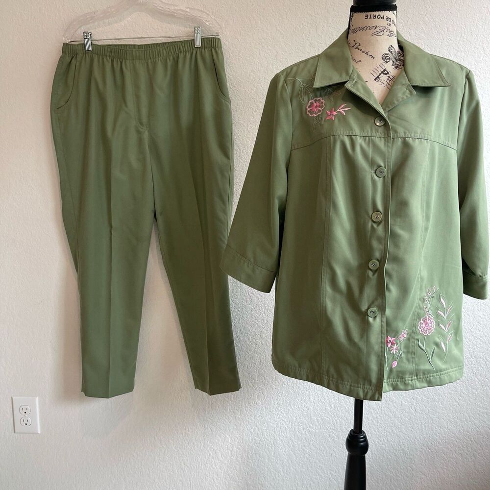 Allison Daley Womens 18W Top Button‎ Up Floral Embroidered  & 14P Pants Green